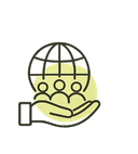 Badge: hand supporting people in front of a globe